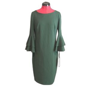 Calvin Klein Dress Size 10 Green Midi Ruffled Sleeves Exposed Back Zipper NWT